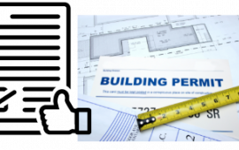 Building permit graphic with approved document, plans and tape measure
