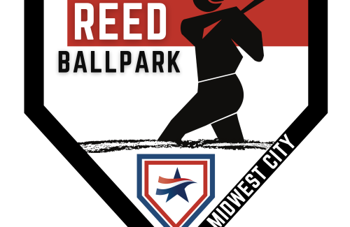 Reed Ballpark Logo ballplayer silhouetted surrounded by home plate border