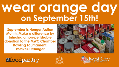 Orange and white image says wear orange day on september 15th for hunger action month