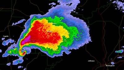 A radar image of a tornadic storm.