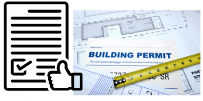 Building permit graphic with approved document, plans and tape measure