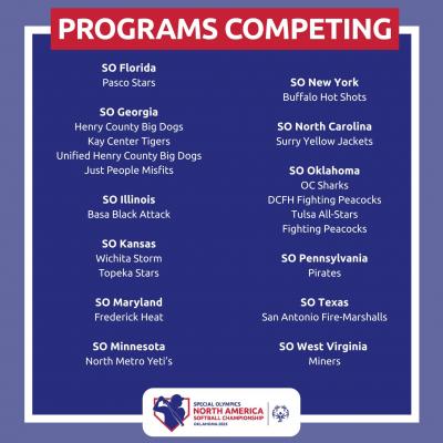 An image of the programs that will be competing in the Special Olympics North America Softball Championship in Midwest City 