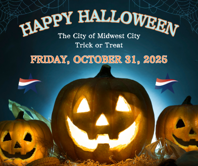 Picture of halloween pumpkins and text stating that trick-or-treat in MWC will be on Friday, October 31. 