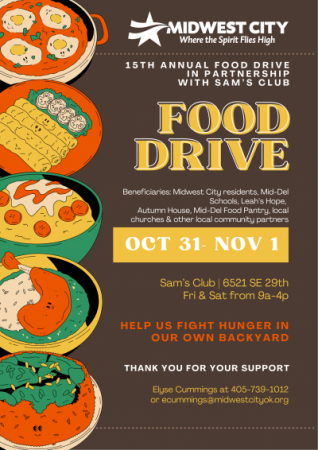 Flyer saying the 15th Annual Food Drive at Sam's will be on Oct 31 and Nov 1. 