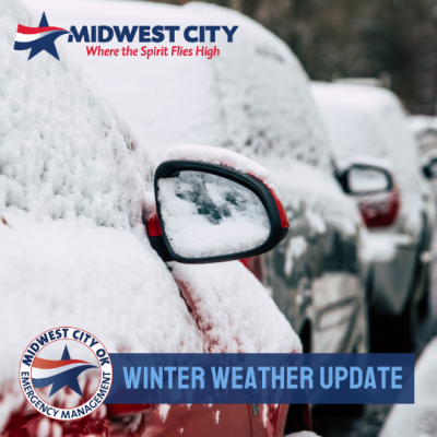 Winter weather in Midwest City, car driving through snow overlayed with City logos
