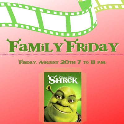 Family Friday with film in background and Shrek cover