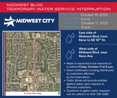 Service Interruption graphic with dates and map of affected area