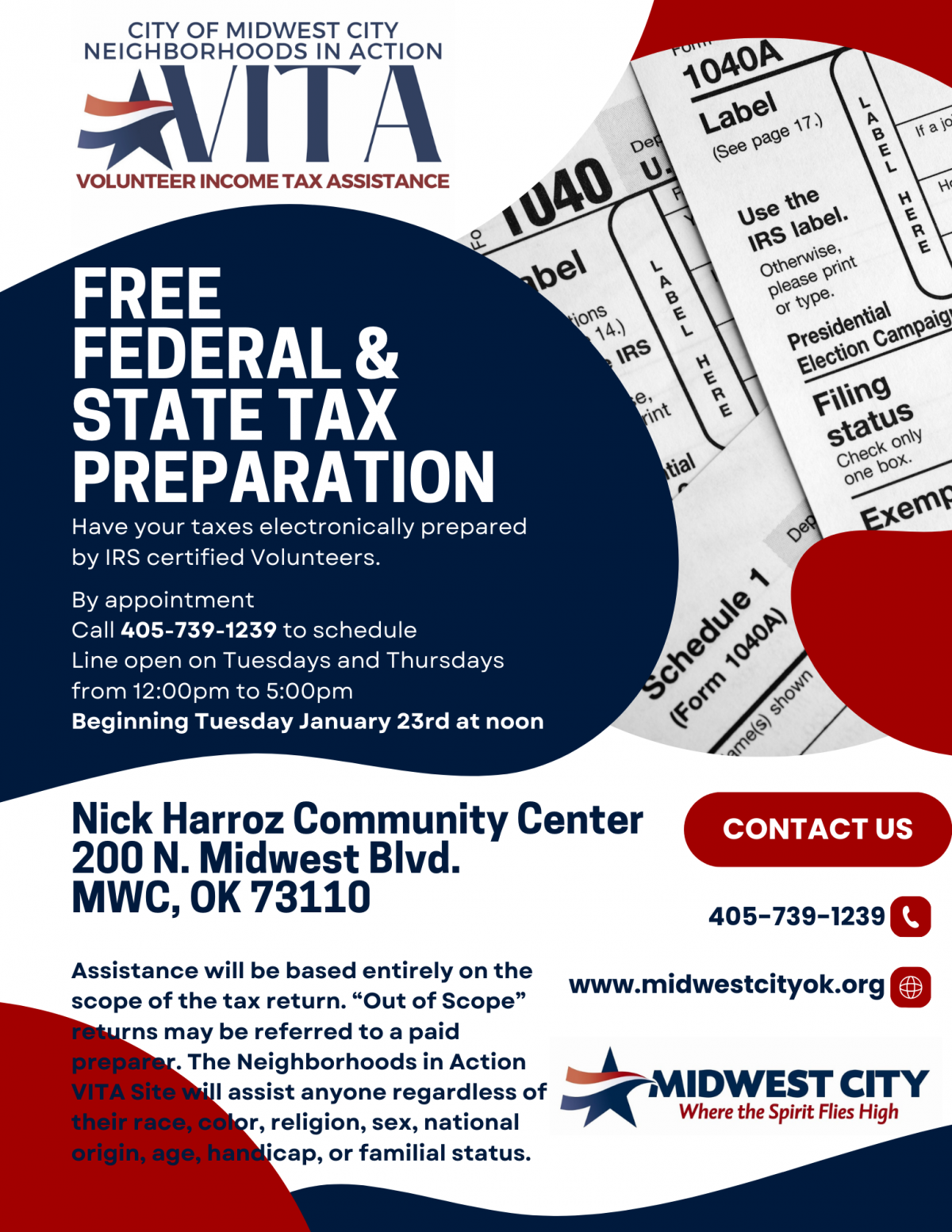 Volunteer Income Tax Assistance free federal and state tax preparation for appointment call 405-739-1239