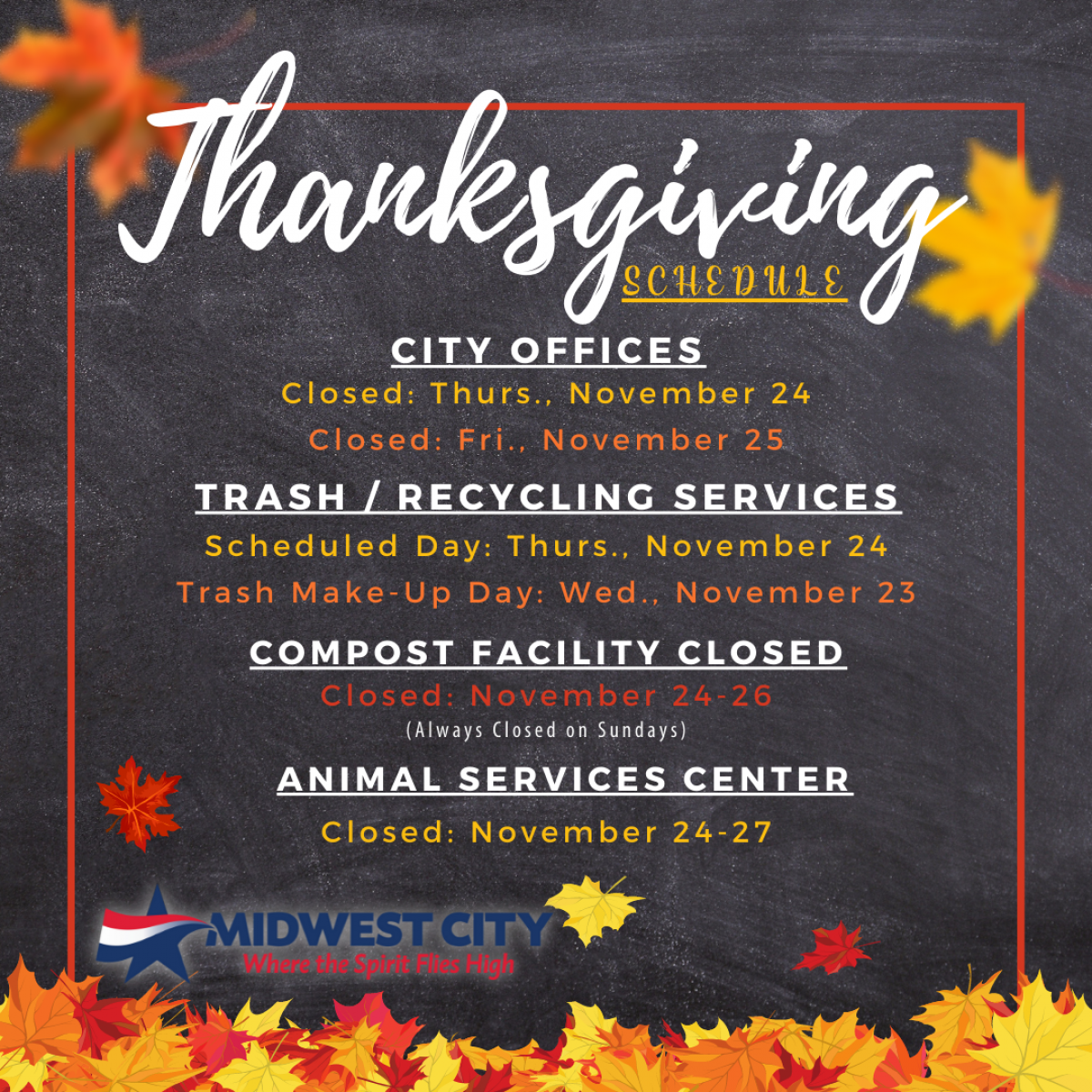 Thanksgiving 2022 Schedule, City Offices Closed November 24 & 25