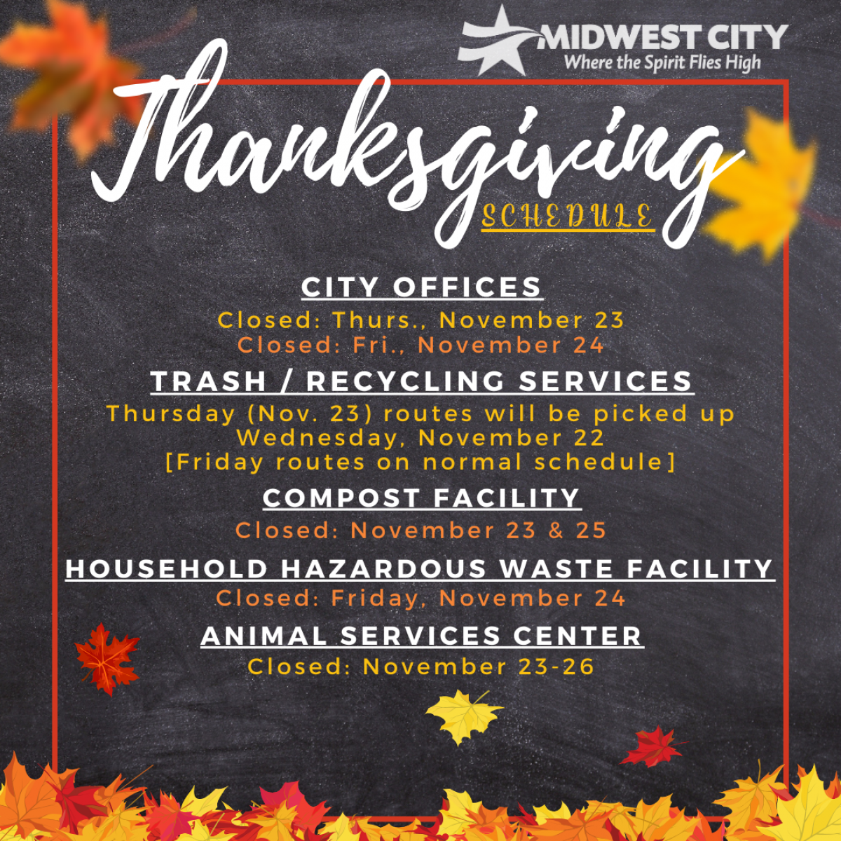 2023 Thanksgiving Holiday Schedule