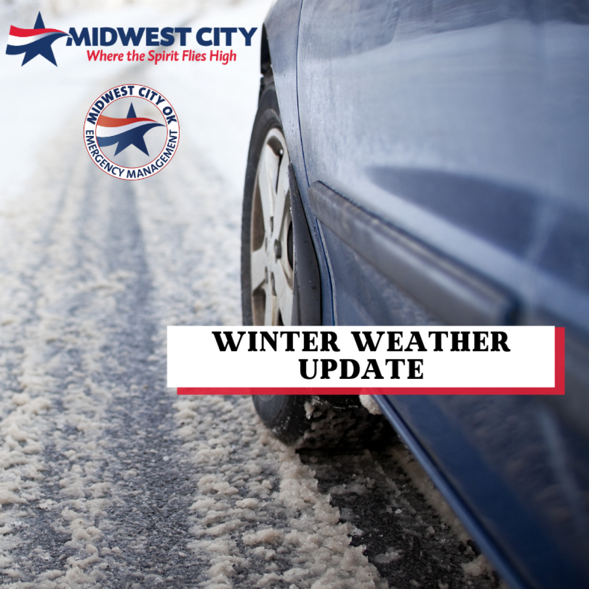 Winter weather in Midwest City, car driving through snow overlayed with City logos