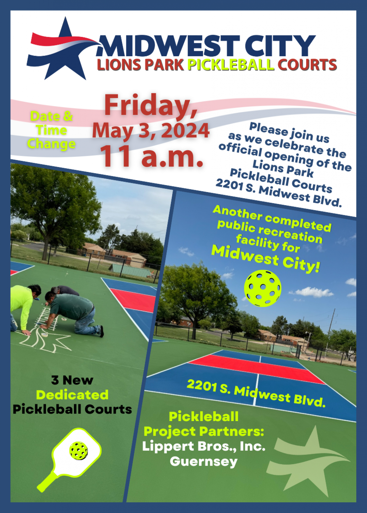 Invitation showing details of Lions Park Pickleball Courts opening celebration, including text details and images