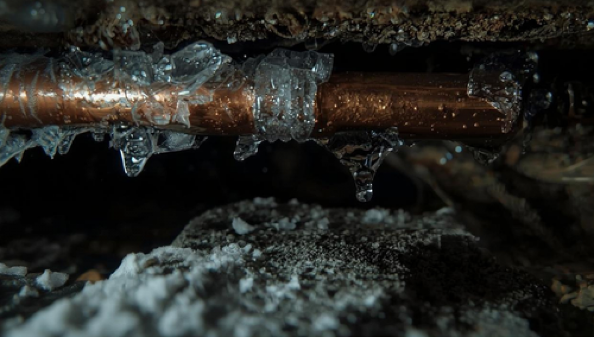 picture of frozen copper pipe under a house