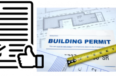 Building permit graphic with approved document, plans and tape measure